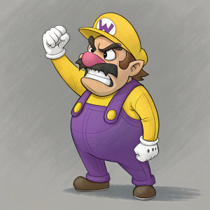Cartoony depiction of Wario from the Mario series. Angry expression, purple overalls, white gloves, yellow mushroom cap. Gray backdrop.