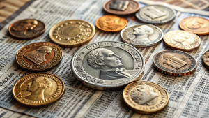 Vintage Coin Collection and Financial Newspaper: An elegantly arranged display of various old and rare coins spread out on top of a financial newspaper, capturing a blend of history and current economic conditions.
