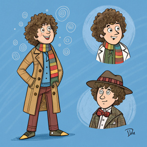 Cartoon sketches of Tom Baker as the Fourth Doctor from Doctor Who. Various poses and outfits. Blue background