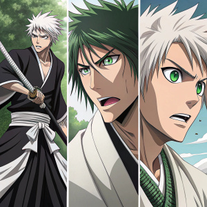 A manga character from the Bleach series, with green eyes and a unique expression. Depicted in various panels, showing different poses and emotions, the character's appearance and demeanor are detailed across multiple scenes.