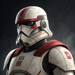 Close-up of Captain Fordo from Star Wars, clad in gleaming white armor with red accents. The background fades to black, highlighting the intricate detailing on the helmet and shoulder pads.