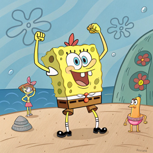 Cartoon illustration of SpongeBob SquarePants flexing his muscles. He wears a tiny seashell accessory. Exaggerated, detailed background of Bikini Bottom.