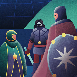 Digital art featuring a group of characters from League of Legends. Sketch-like style with a dominant purple color palette.