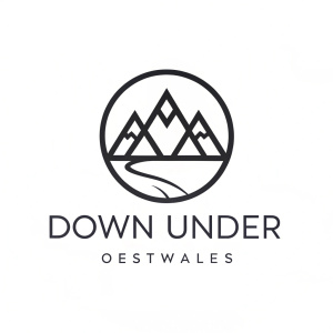 Minimalistic font logo for the brand of natural Australian cosmetics Down Under with the symbol of the edge of the world