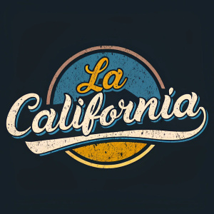 Modern logo design for 'LA California'. Cursive text in a blend of blue, brown, yellow and grungy textures on a stark black backdrop.