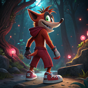 Crash Bandicoot, front and back view. Wearing his iconic outfit. Dark, neon-lit forest background. Digital art.