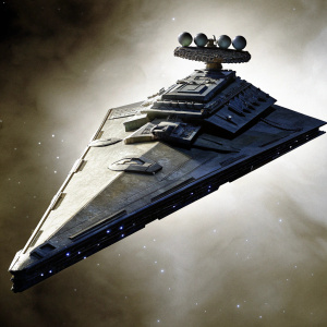 Digital art of a massive Imperial Star Destroyer. The sleek, imposing battleship with intricate detailing against a dark cosmic backdrop. Part of the Star Wars universe.