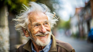 пожилой мужчина в полный рост вдалеке приближается к нам, волосы взъерошены,  счастливая улыбка на лице