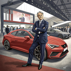 Luca de Meo, CEO of Seat, standing confidently next to a sleek red sports car at the AutoMobility LA event. He is dressed in a sharp navy suit.