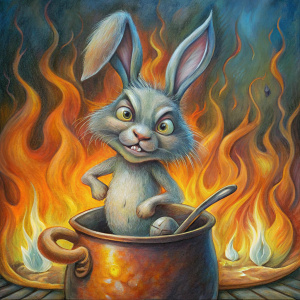 
drunk rabbit, angry, sitting in a saucepan on fire