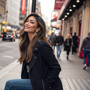 Nicole Scherzinger in a casual setting. Wearing a black jacket and jeans. Smiling softly in front of a crowded city street scene.