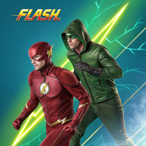 Poster for The Flash TV show featuring main characters Barry Allen and Oliver Queen. Bright neon colors.
