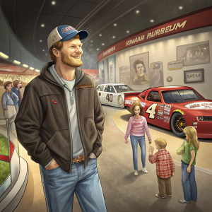 Dale Earnhardt Jr., in casual attire, visiting NASCAR museum. Family members and friends in background