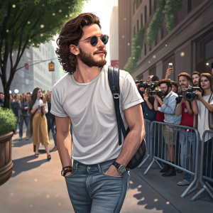 Kit Harington, bearded actor, in a casual white t-shirt and jeans. Outdoors, surrounded by fans and paparazzi.