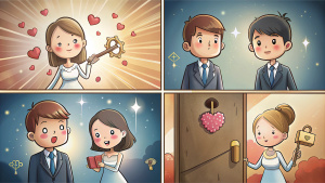 3D 32K Four-panel Taiwanese comic/manga strip in Chibi style, [1]a handsome man and his beautiful wife stand in front of a door,  [2] they searching among a pile of keys, [3] Find a heart-shaped key, [4] they open the door to their love hut