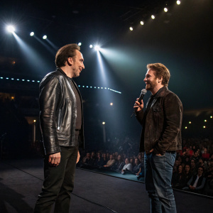 Nicolas Cage and Sam Rockwell chatting at a press conference. Dark stage, spotlights, audience visible in background