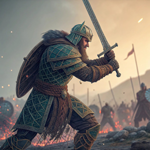 Highlander character from For Honor, illustrated in vibrant 3D wireframe. Intense battle scene