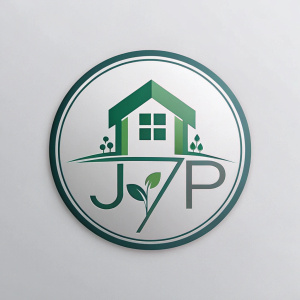 Logotipo en forma de un elipse  sencillo de una constructora de casas modernas y edificios  y landscapin el logo tiene que tener un árbol la figura de una casa y atrás de la casa 1 edificio. c las iniciales del mismo color visibles JGP al centro en forma de edificios