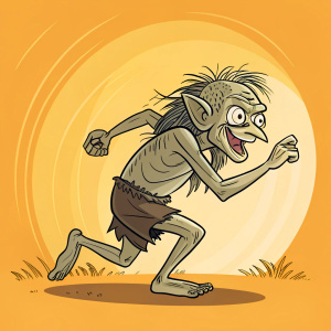 Illustration of a mischievous, tattered goblin named Gollum. Cartoon style with long, messy hair. Crouched, dynamic pose. Background: bright, gradient orange. Gollum seems to be in motion, making the scene lively.