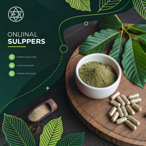 Digital illustration for Kratom product site. Modern and sleek design. Focus on organic Kratom in a bowl on wooden surface. Surrounding elements include leaves and capsules. Dark background with green accents. Ideal for online shoppers interested in natural health supplements.