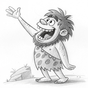 Cartoon caveman, grinning widely, waving with one arm. Rough pencil sketch.