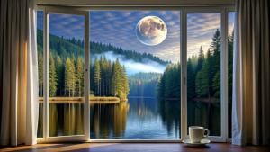 just window open curtain coffee full moon still water forest