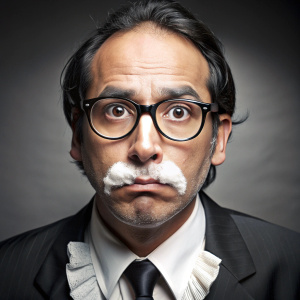 peruano homosexual abogado excentrico con lentes que se ve como un completo perdedor con un poco de polvo blanco en la nariz