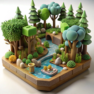 3D Render of a Wood Forest Diorama with Trees, Animals, and a Babbling Brook, on isolated white background