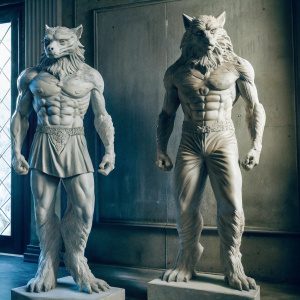 Realistic digital art featuring werewolf statues. Each statue has a detailed muscular form. The statues are displayed on a dark gray background, highlighting their intricate design and gray color.