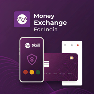 Modern digital interface featuring Skrill Money Exchange for India. Dark background with a rich purple hue. Credit card icon and currency exchange details prominently displayed. Skrill logo integrated seamlessly within the design, mimicking an app or website screenshot.