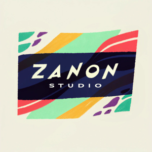 Zanon Studio's minimalist logo, featuring a clean, modern font. Dark background with a splash of vibrant color for the brand name.