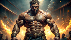 cinematic, hyperrealistic, masterpiece, a scene of Goliath, flexing his muscles, a sense of his arrogance and his belief in his own invincibility