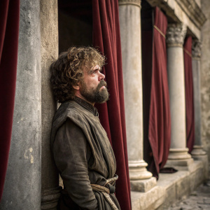 Peter Dinklage, as Tyrion Lannister, stands resolute against a backdrop of ancient, crumbling stone columns and flowing red velvet drapes. His face is a mix of determination and anguish, hair wild, beard scruffy, clad in a weathered, earth-toned ensemble.