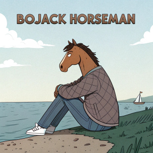 A screenshot from Bojack Horseman featuring Bojack, a brown horse with human traits, sitting peacefully near water. The title 'Bojack Horseman' displayed prominently above the scene.
