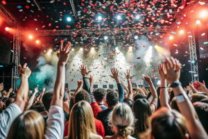Concert crowd with colorful stage lights and confetti
