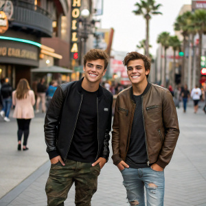 Caucasian twin brothers Grayson and Ethan Dolan, dressed casually, smiling on the crowded streets of Universal CityWalk. Grayson in black jacket, black t-shirt, camouflage pants. Ethan in brown leather jacket, casual t-shirt, ripped jeans. Scene bustling with visitors.