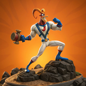 Earthworm Jim, the iconic cartoon hero, posed dramatically on a rugged, rocky terrain. His vibrant, textured costume and dynamic stance stand out against the fiery orange backdrop. The intricate design of his accessories and the detailed rocky base draw the eye to the central figure.