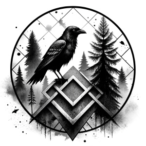 vegvisir runes geometric symbol - raven and trees - tattoo design - perfect realistic art - high-definition - grey and black - white background 