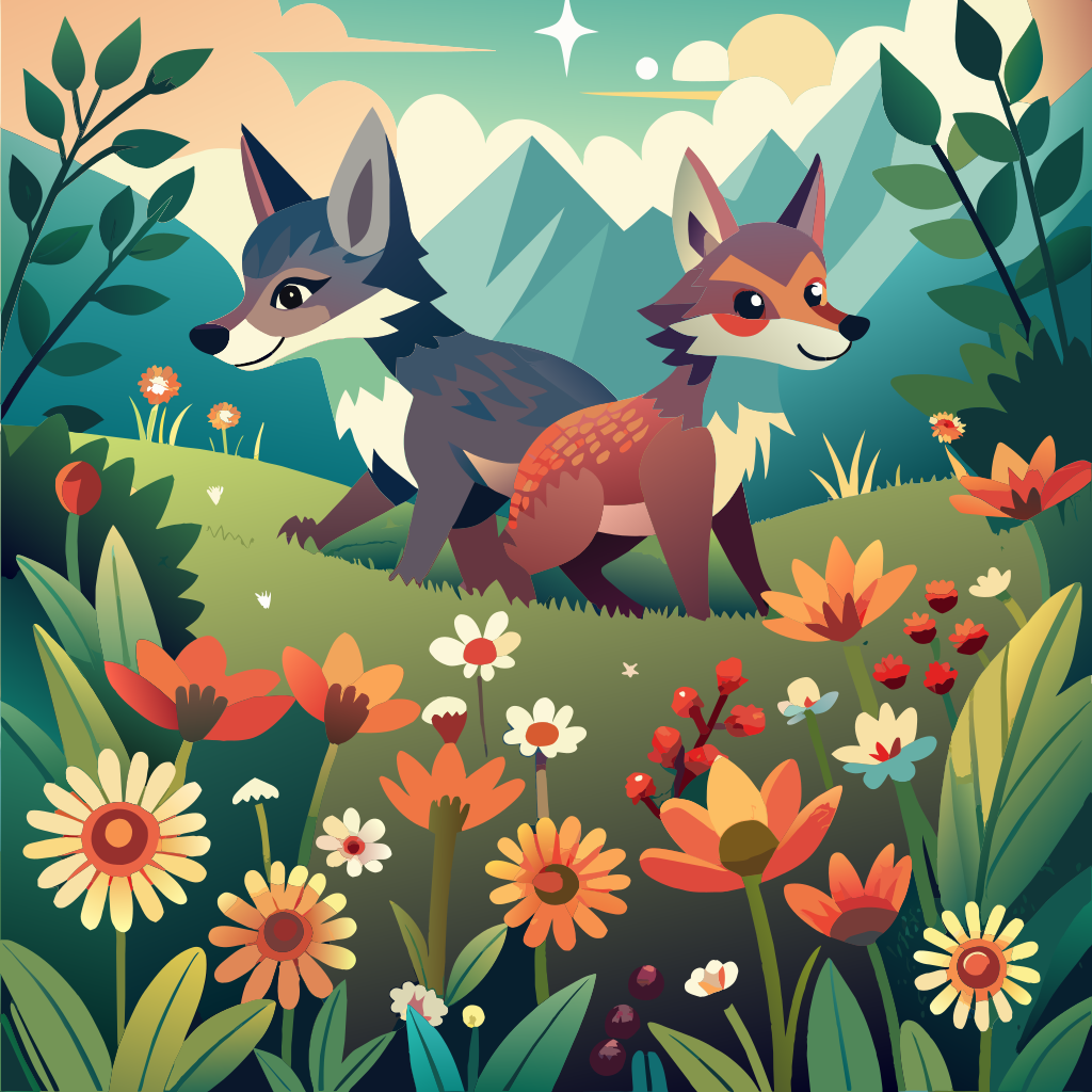 Wolf cubs playing in a field of flowers - Recraft