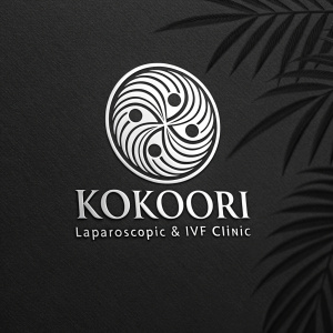 For Kokoori Laparoscopic & IVF Clinic, a sleek, modern logo design with an abstract swirl pattern in shades of black and white. The clinic name is displayed clearly and simply below the graphic.
