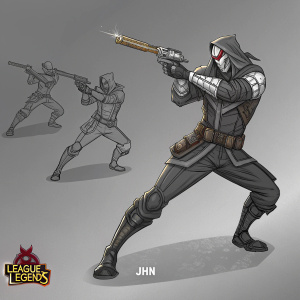 Digital concept art of Jhin from League of Legends, depicted in various combat poses. Grayscale palette highlighting his dynamic fighting style. The sketch-like, detailed illustration showcases the League of Legends logo prominently.
