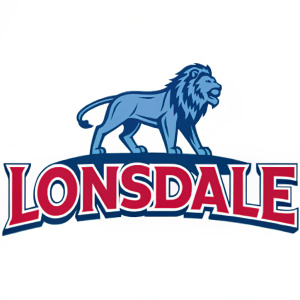 Lonsdale logo redesign. Bold lion and text. Vibrant colors. Blue lion, red font.