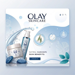 Screenshot from Olay's official website featuring their skincare range. Modern, minimalist design with soothing blue and white hues. Promotional text highlights natural ingredients and skin benefits. Product images and detailed descriptions included.