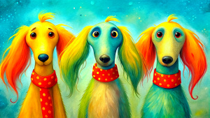 A cartoonish three large and skinny hairy dogs with big round eyes, black ears and light brown fur.
they wears a red and blue scarf with white polka dots tied around his neck.
The dog's eyes are very expressive, giving a friendly and curious feeling.
The visible texture suggests that the work is painted on old wood background.
It is a very colorful and cheerful artistic painting