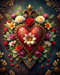 vintage boho valentine's card design with heart and flowers
