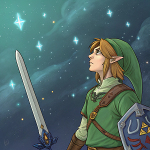 Digital art depicting Link from Legend of Zelda: Breath of the Wild. He is wearing green tunic, holding Master Sword. Solemn expression, set against cosmic backdrop