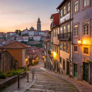 Golden hour in Porto's old town. A maze of cobblestone streets lined with ancient structures. Each building's facade bathed in warm hues from street lamps and windows. The cityscape ascends steeply, with narrow alleyways and terraced houses. A mix of medieval and baroque architecture.