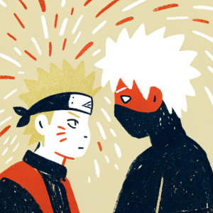 Anime-style illustration of Naruto and Kakashi. Naruto, determined face, blonde hair. Kakashi, focused face, white spiky hair. Background, bright and dynamic with colorful explosions and fireworks