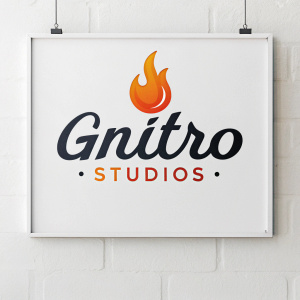 Modern logo design featuring Ignitro Studios. Bright orange flame icon with sleek font. Clean white background.