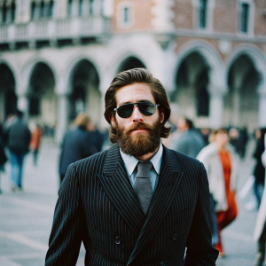Jake Gyllenhaal, with a full beard and sunglasses, photographed in a bustling city square. He's wearing a dark pinstriped suit shirt and a gray tie. The background is a blur of passersby and a brick building.